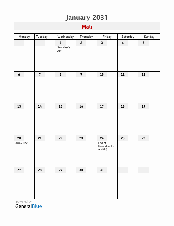 Mali January 2031 Calendar with Holidays