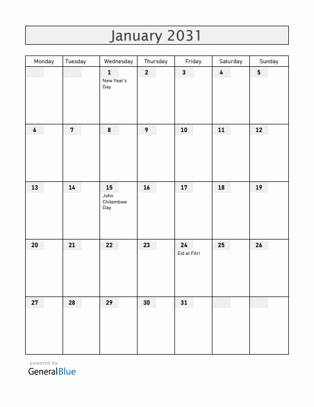 Malawi January 2031 Calendar with Holidays