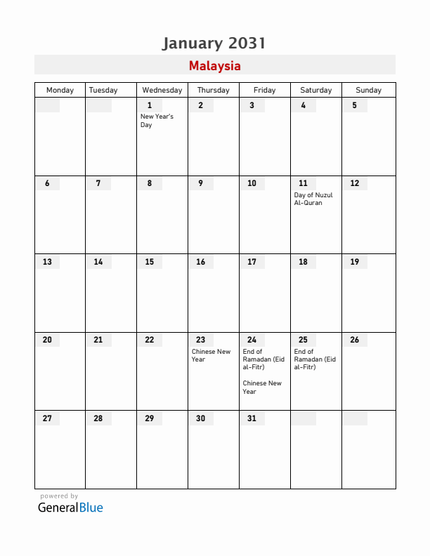 Malaysia January 2031 Calendar with Holidays