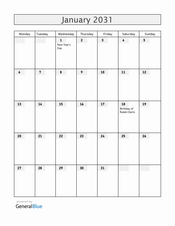 Nicaragua January 2031 Calendar with Holidays