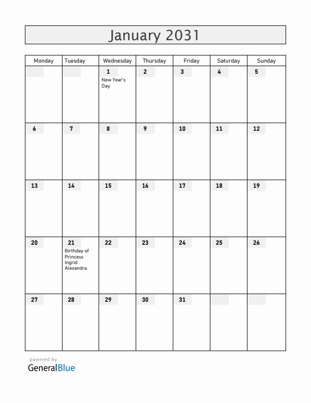 Norway January 2031 Calendar with Holidays