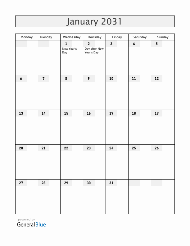New Zealand January 2031 Calendar with Holidays