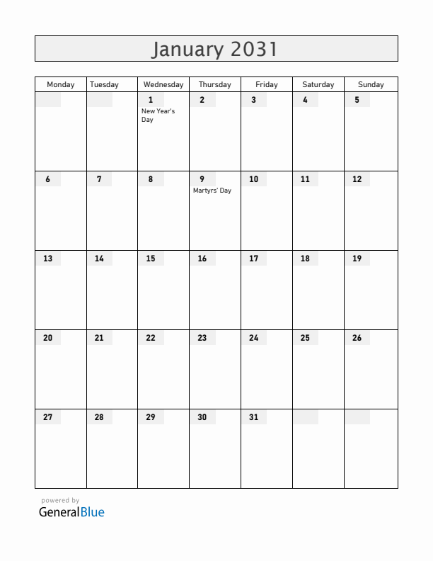 Panama January 2031 Calendar with Holidays