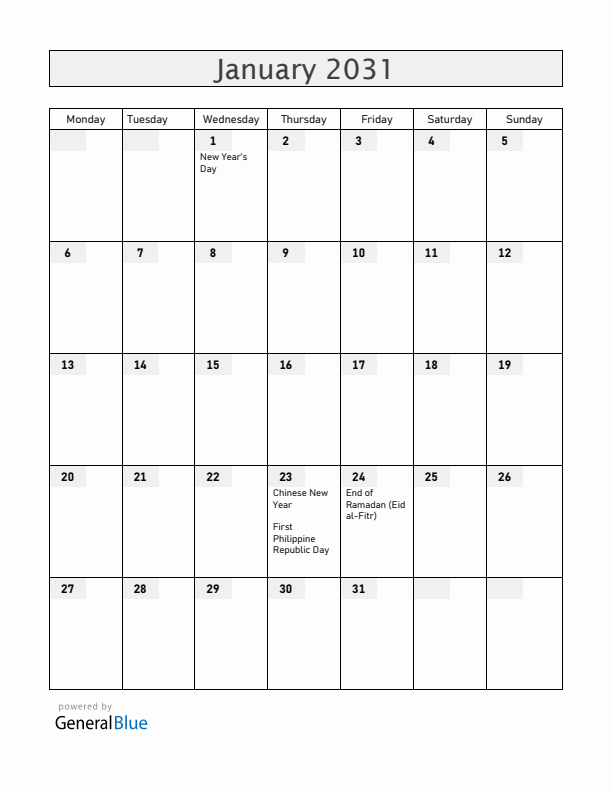 Philippines January 2031 Calendar with Holidays