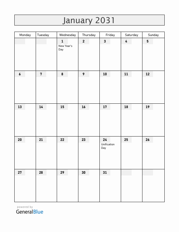 Romania January 2031 Calendar with Holidays