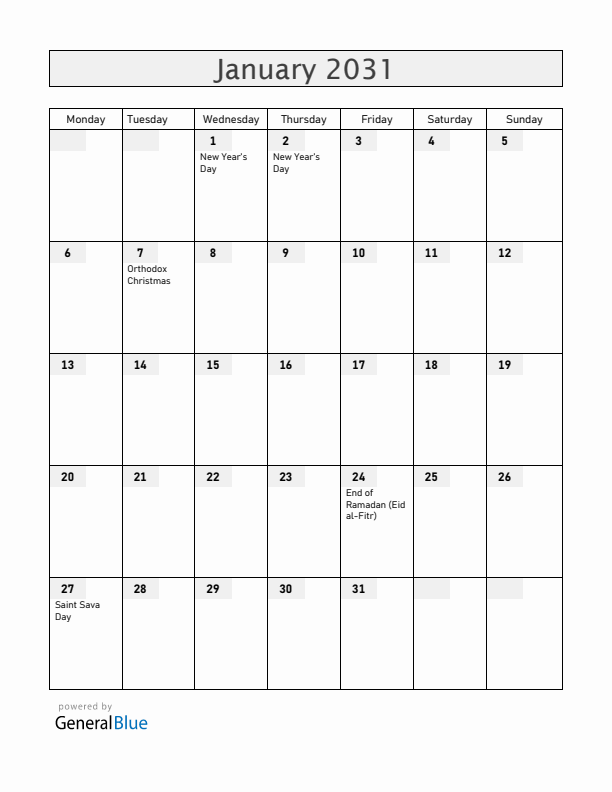 Serbia January 2031 Calendar with Holidays
