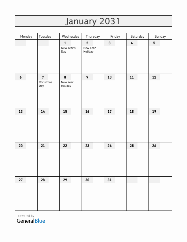 Russia January 2031 Calendar with Holidays