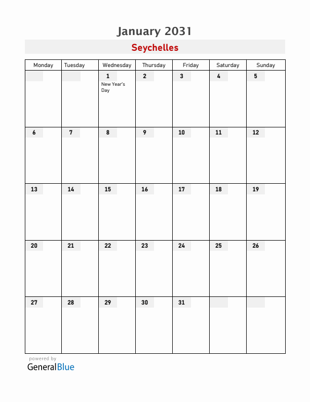 Seychelles January 2031 Calendar with Holidays
