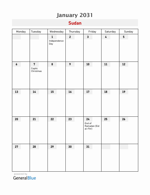 Sudan January 2031 Calendar with Holidays