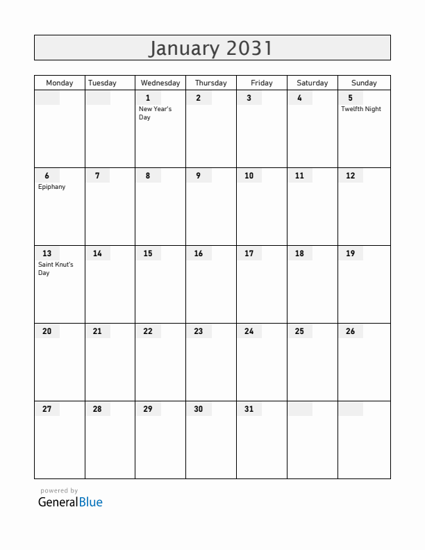 Sweden January 2031 Calendar with Holidays