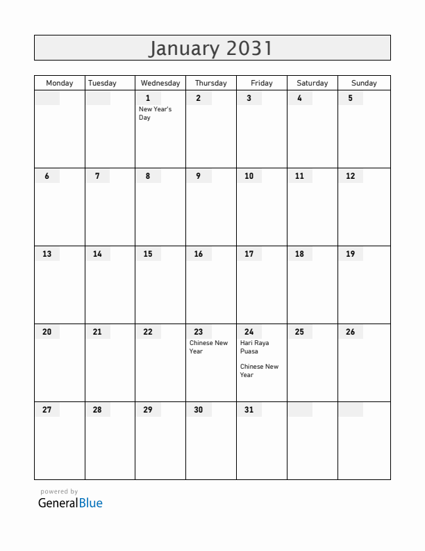 Singapore January 2031 Calendar with Holidays