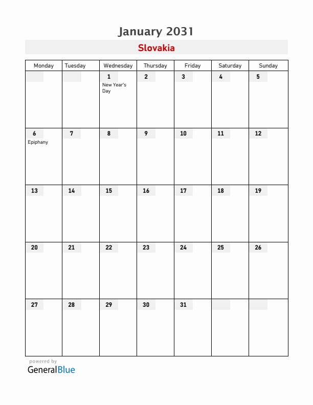 Slovakia January 2031 Calendar with Holidays