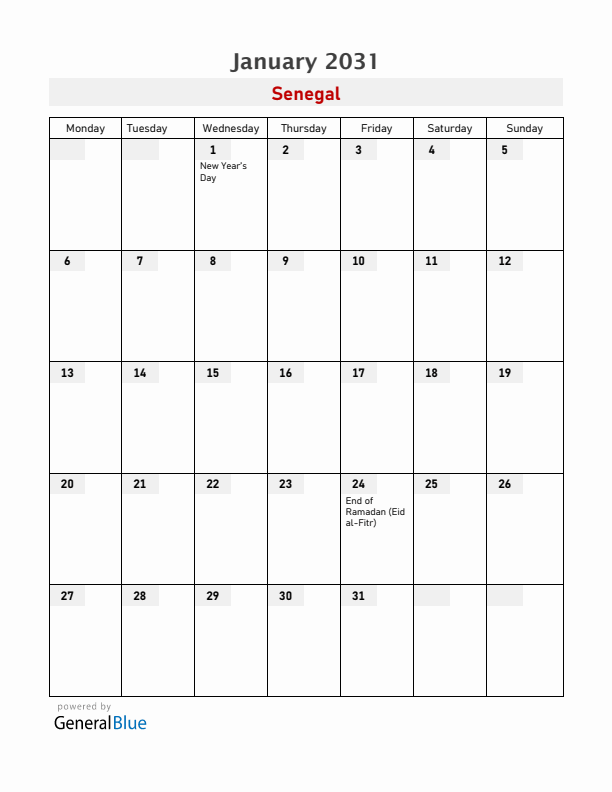 Senegal January 2031 Calendar with Holidays