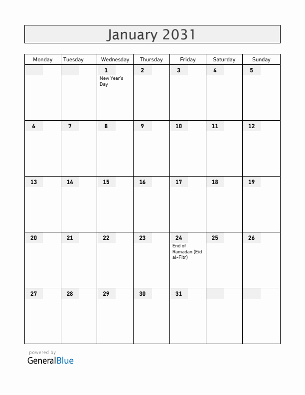 Somalia January 2031 Calendar with Holidays