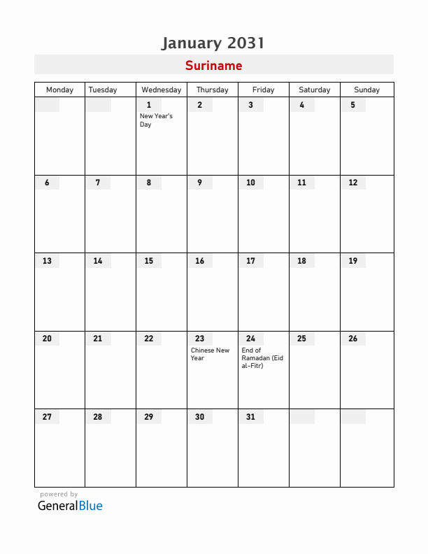 Suriname January 2031 Calendar with Holidays