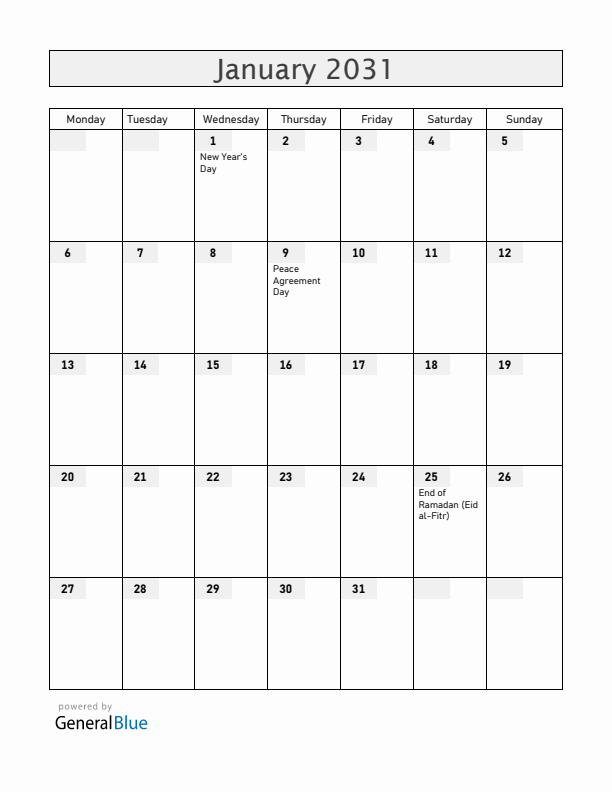South Sudan January 2031 Calendar with Holidays