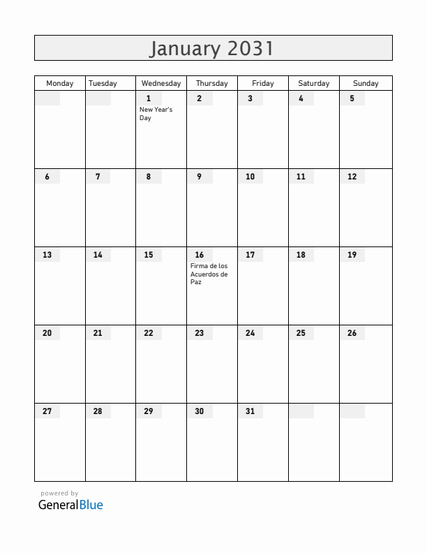 El Salvador January 2031 Calendar with Holidays
