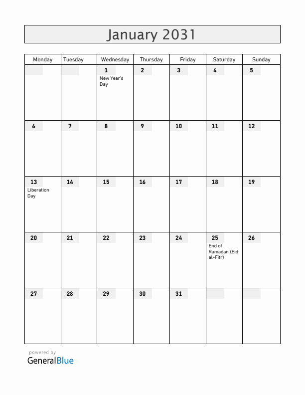 Togo January 2031 Calendar with Holidays