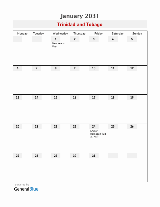 Trinidad and Tobago January 2031 Calendar with Holidays