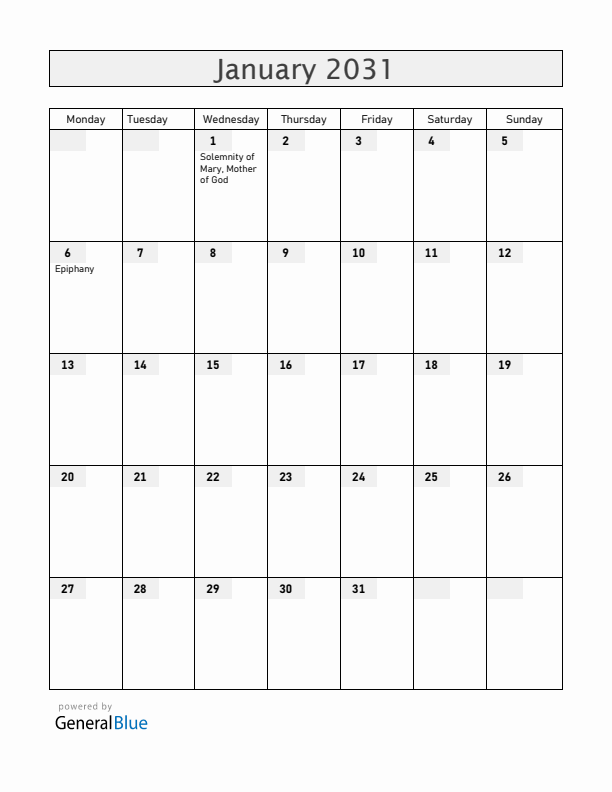 Vatican January 2031 Calendar with Holidays