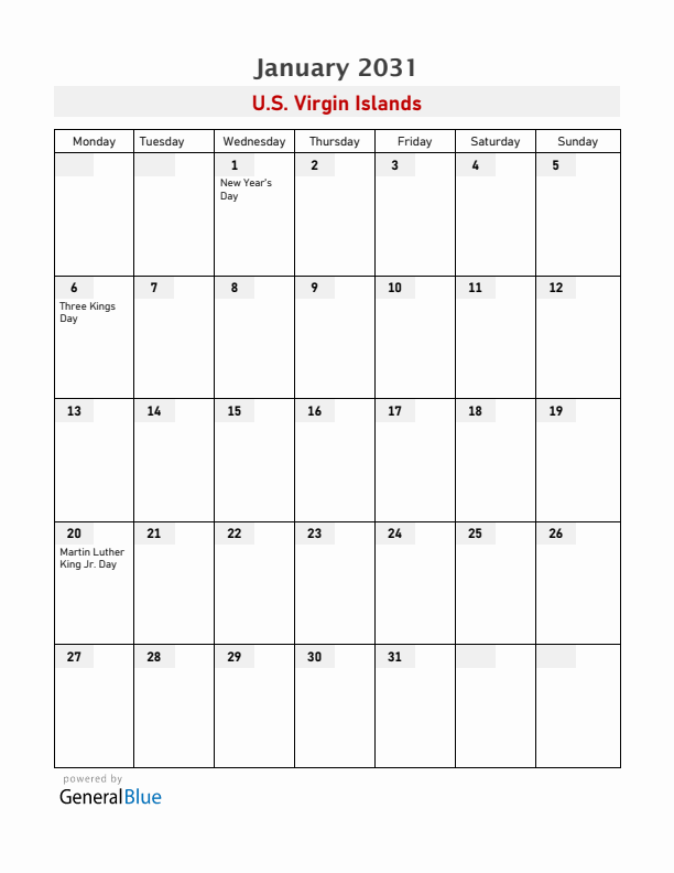 U.S. Virgin Islands January 2031 Calendar with Holidays