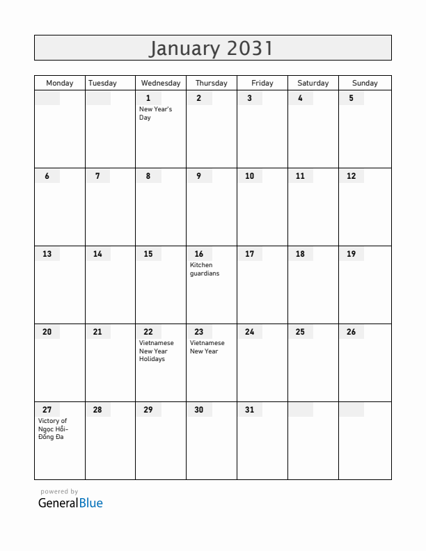 Vietnam January 2031 Calendar with Holidays