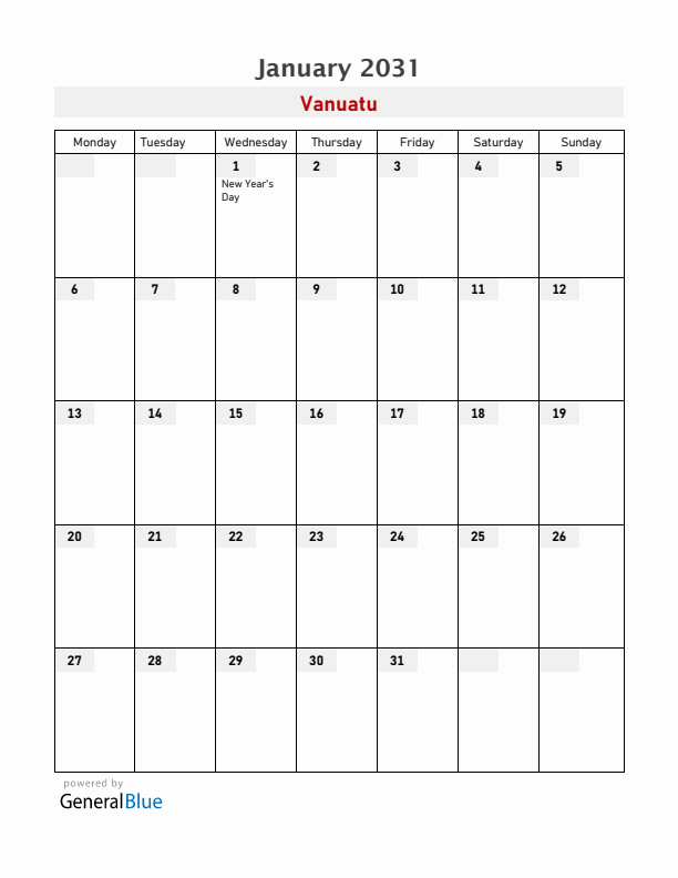 Vanuatu January 2031 Calendar with Holidays