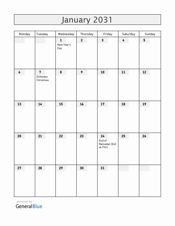 Kosovo January 2031 Calendar with Holidays
