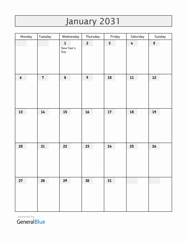 Zambia January 2031 Calendar with Holidays