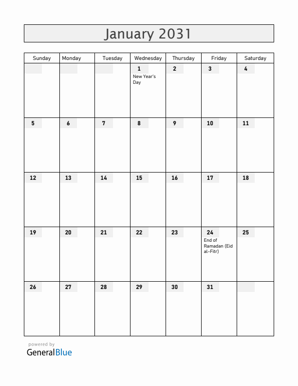 United Arab Emirates January 2031 Calendar with Holidays