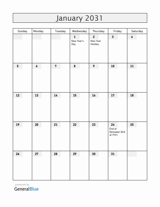 Albania January 2031 Calendar with Holidays