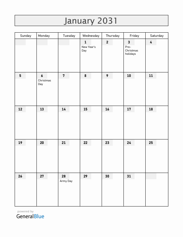 Armenia January 2031 Calendar with Holidays