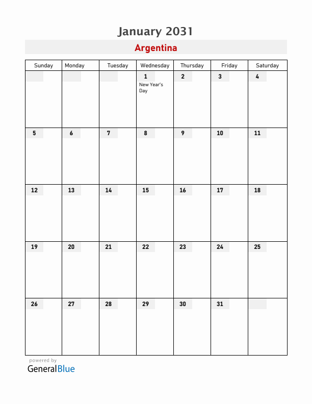 Argentina January 2031 Calendar with Holidays