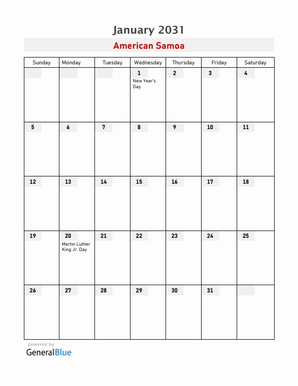 American Samoa January 2031 Calendar with Holidays