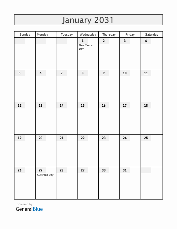 Australia January 2031 Calendar with Holidays