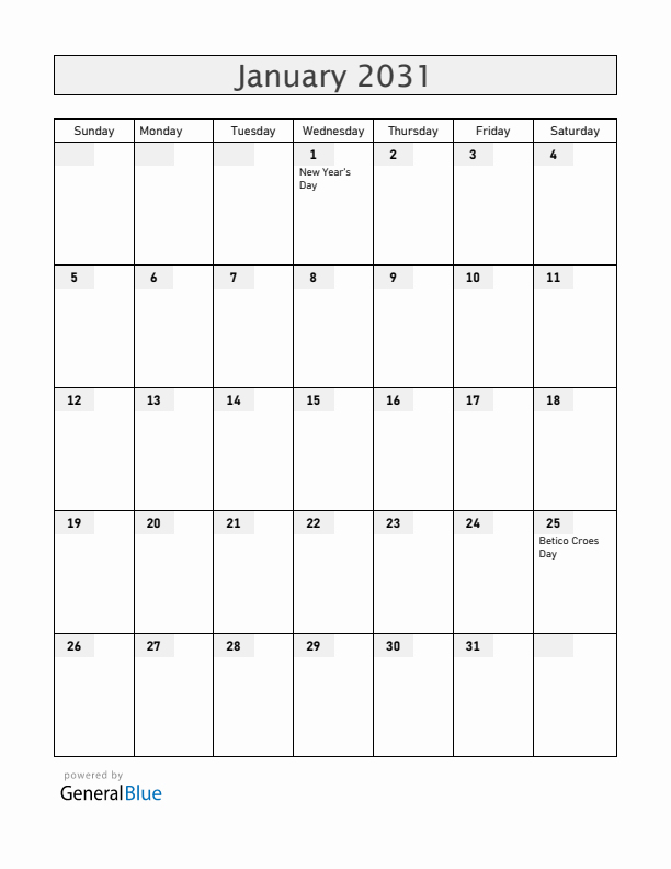 Aruba January 2031 Calendar with Holidays