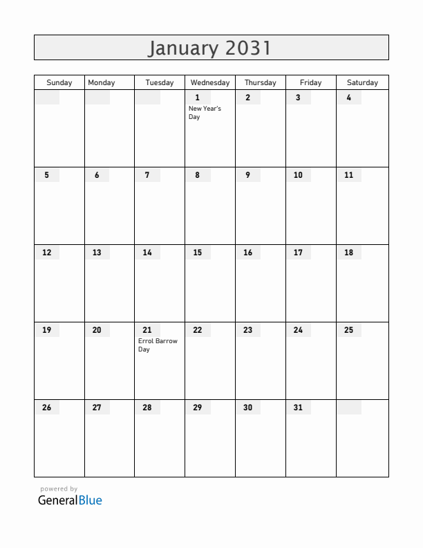 Barbados January 2031 Calendar with Holidays