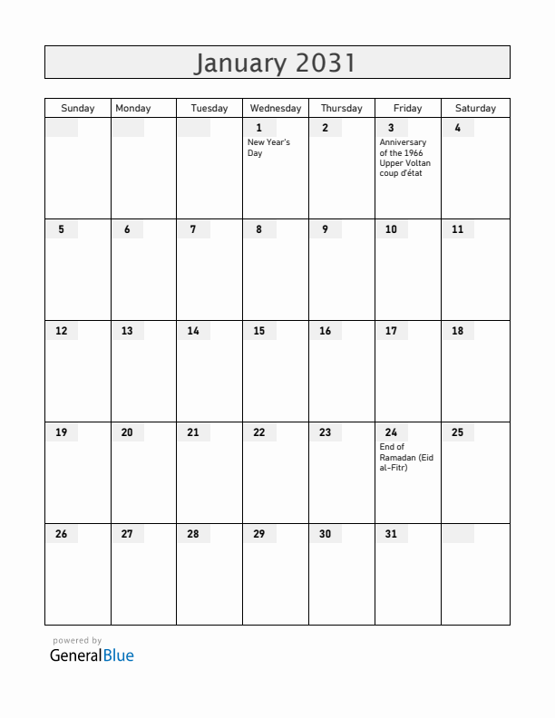Burkina Faso January 2031 Calendar with Holidays