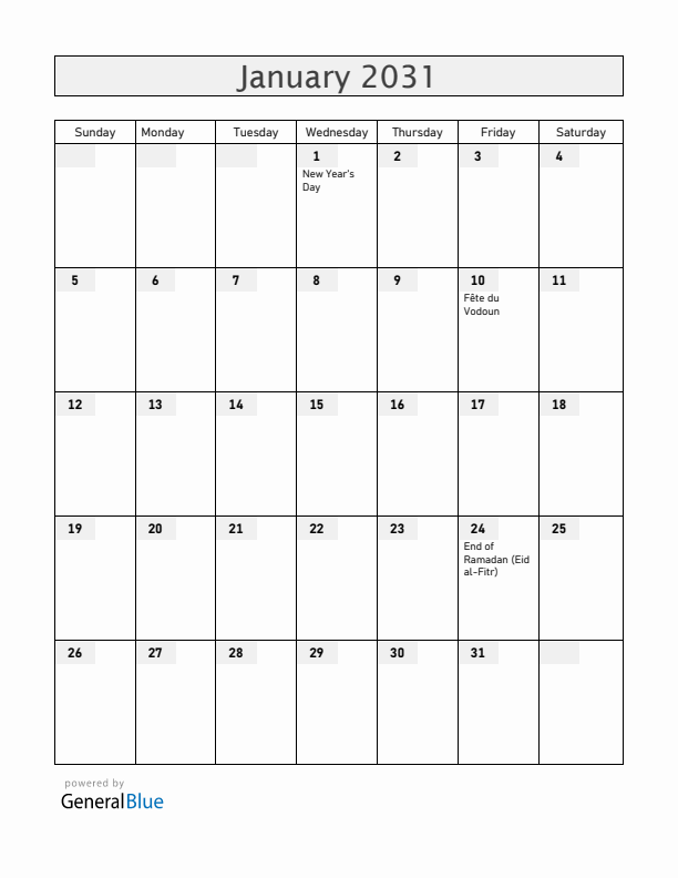 Benin January 2031 Calendar with Holidays