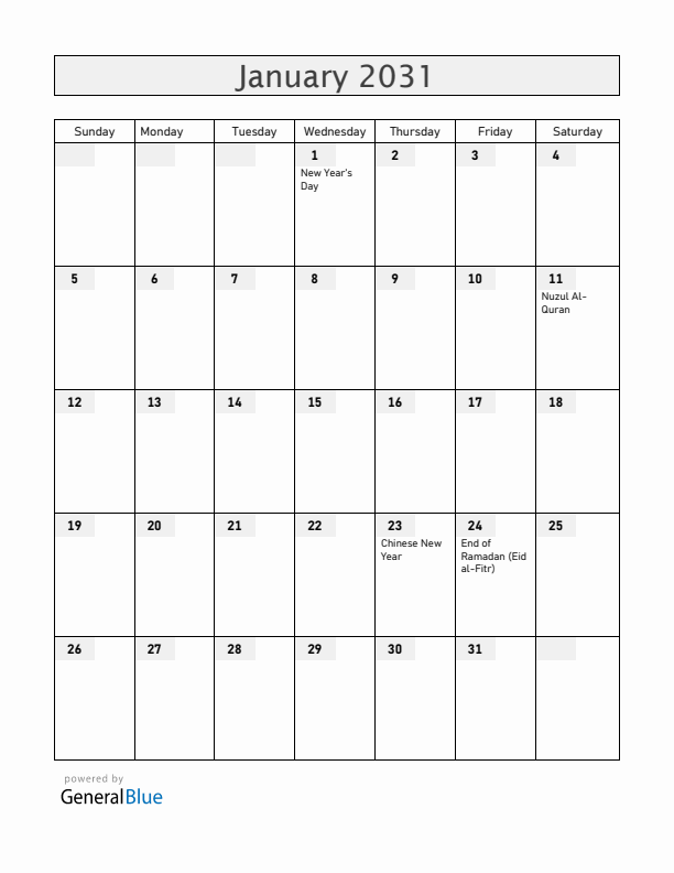 Brunei January 2031 Calendar with Holidays
