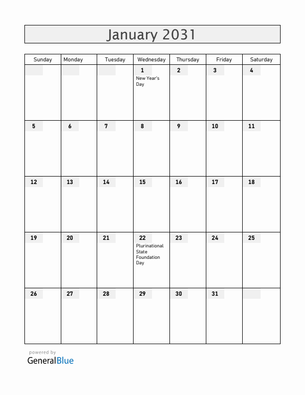 Bolivia January 2031 Calendar with Holidays