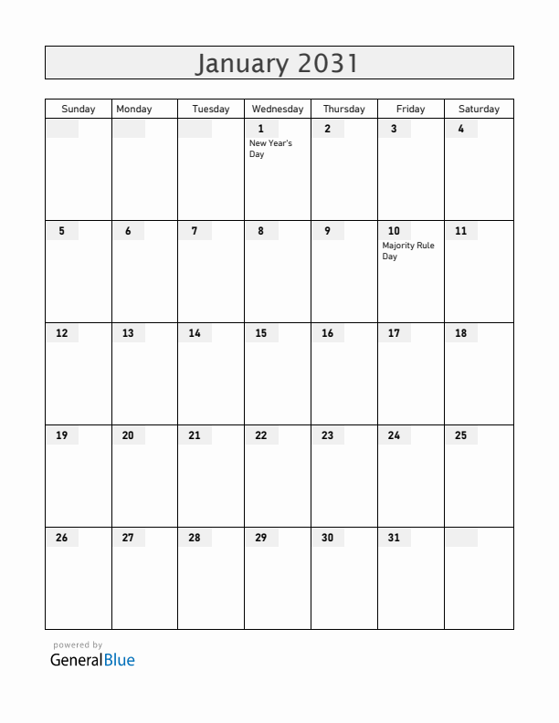 Bahamas January 2031 Calendar with Holidays