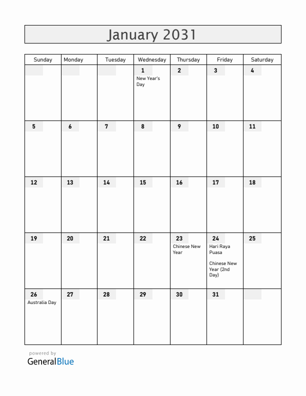 Cocos Islands January 2031 Calendar with Holidays