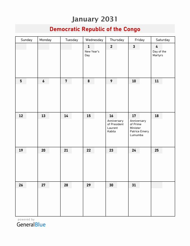 Democratic Republic of the Congo January 2031 Calendar with Holidays