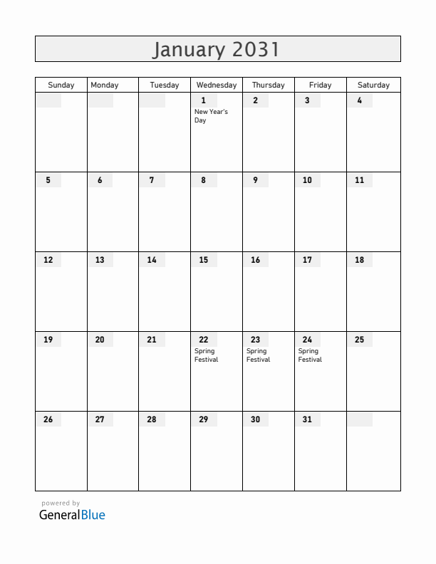China January 2031 Calendar with Holidays