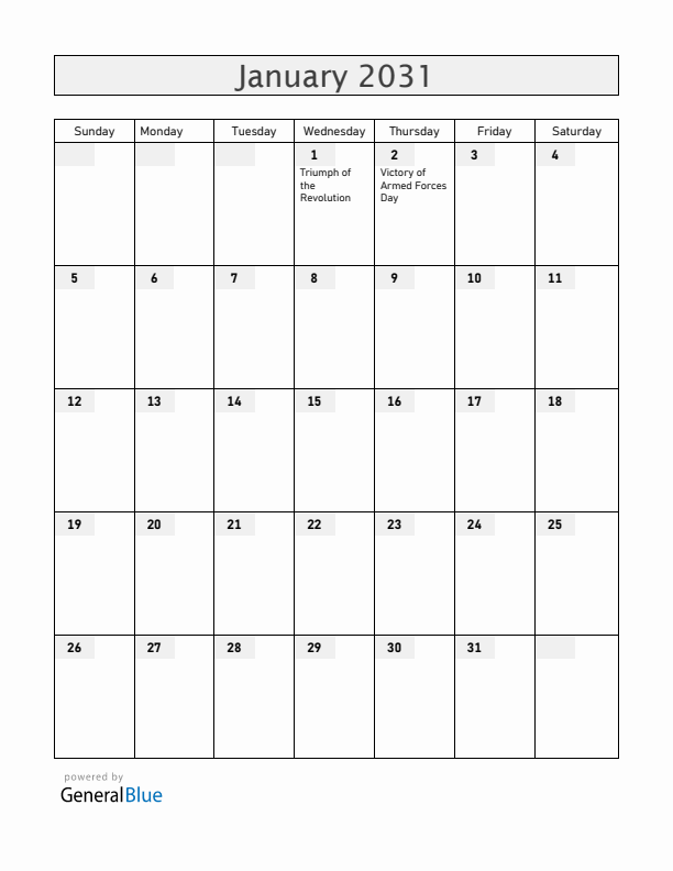 Cuba January 2031 Calendar with Holidays