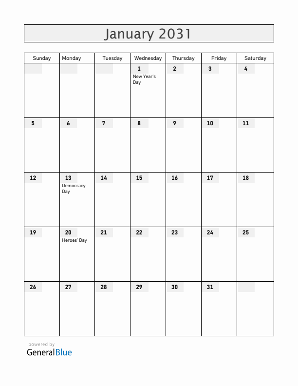 Cabo Verde January 2031 Calendar with Holidays