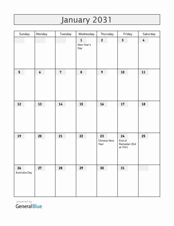 Christmas Island January 2031 Calendar with Holidays
