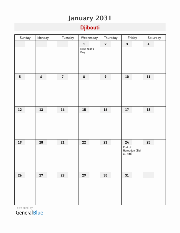 Djibouti January 2031 Calendar with Holidays