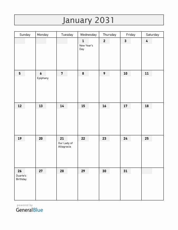 Dominican Republic January 2031 Calendar with Holidays